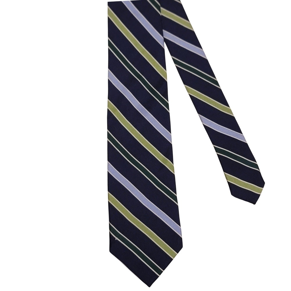 Chaps Silk Necktie Mens OS Navy Blue Green Striped Classic Hand Made Tie - Picture 1 of 8